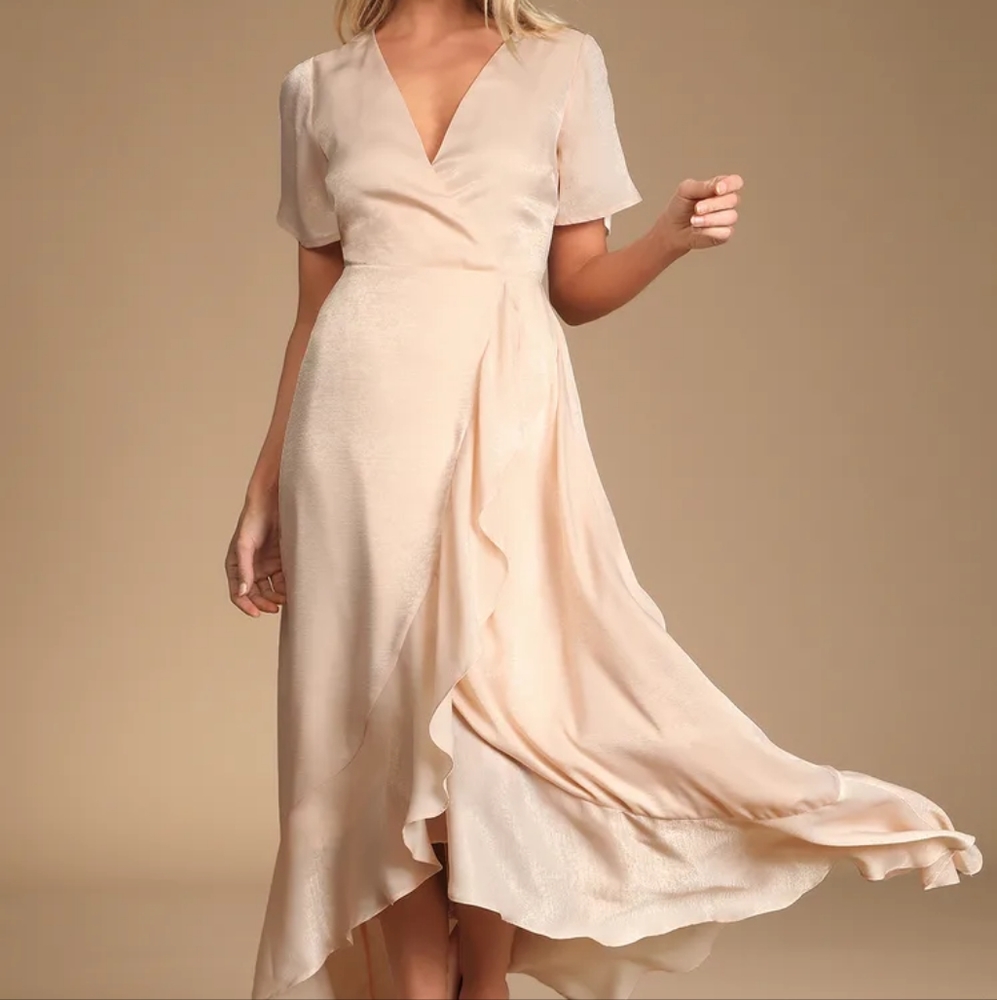 Forever Elegant Light Peach Satin Ruffled Maxi Dress